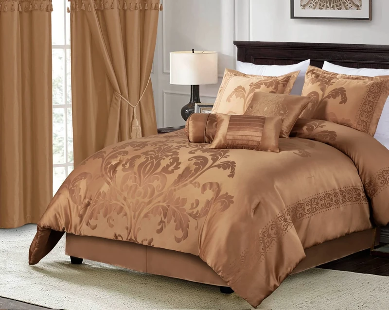 Chezmoi Collection 7-Piece Jacquard Floral Comforter Bedding Set (Queen, Copper/Gold)