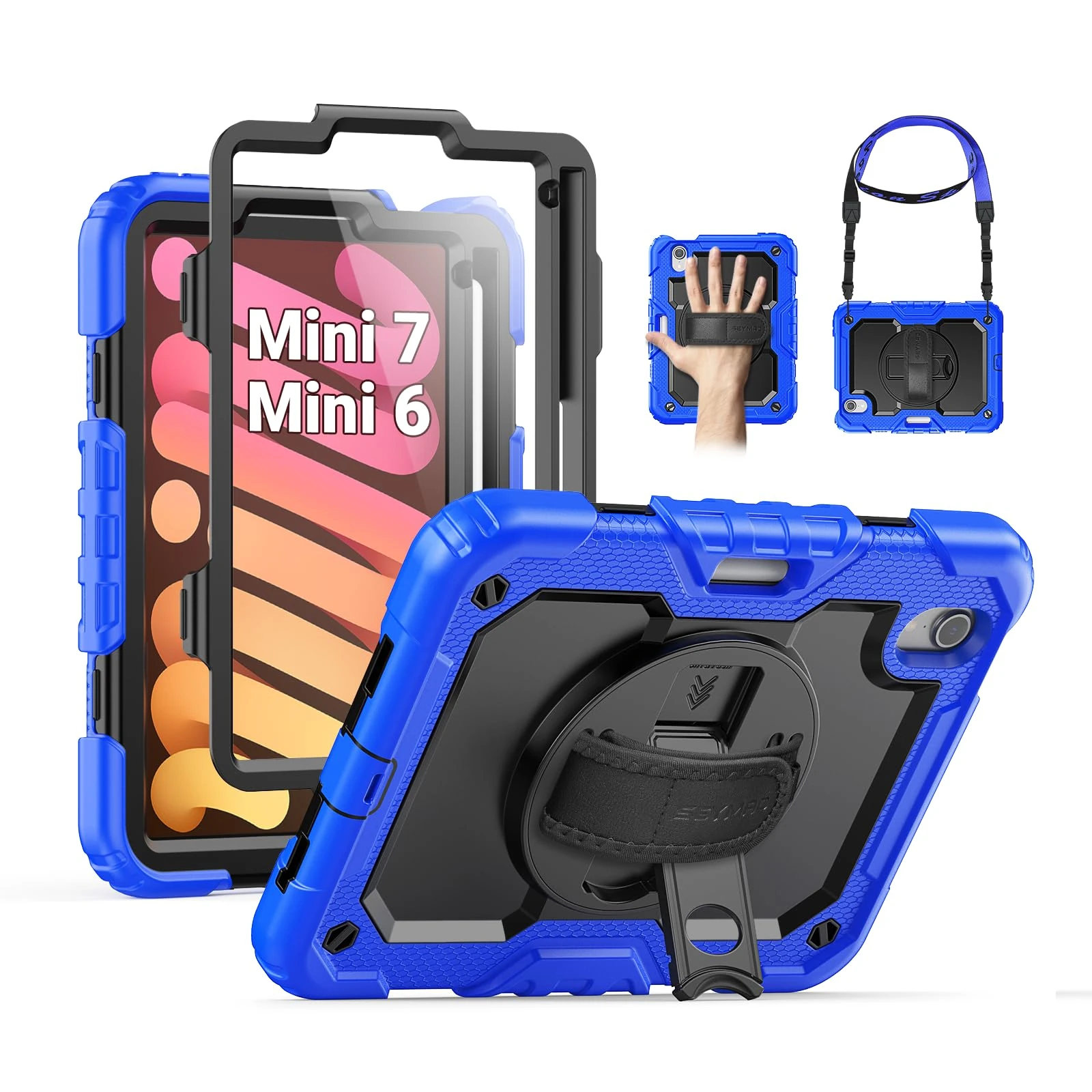 SEYMAC Case for iPad mini 7th Generation (A17 Pro) 2024/ Mini 6th Generation 8.3 Inch, Full-Body Shockproof Protective Case with Screen Protector, 360° Rotating Stand, Hand/Shoulder Strap, Blue