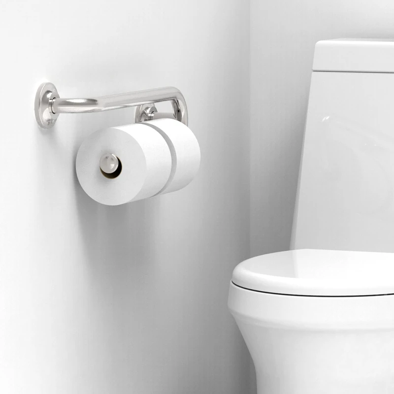 AquaChase Grab Bar with Integrated Toilet Paper Holder for 2 Mega Rolls (Kitchen Paper Towel Holder or Bathroom Towel Bar), 16in Stud Mount, 250lbs Weight Support, Rustproof, Brushed Nickel, Right