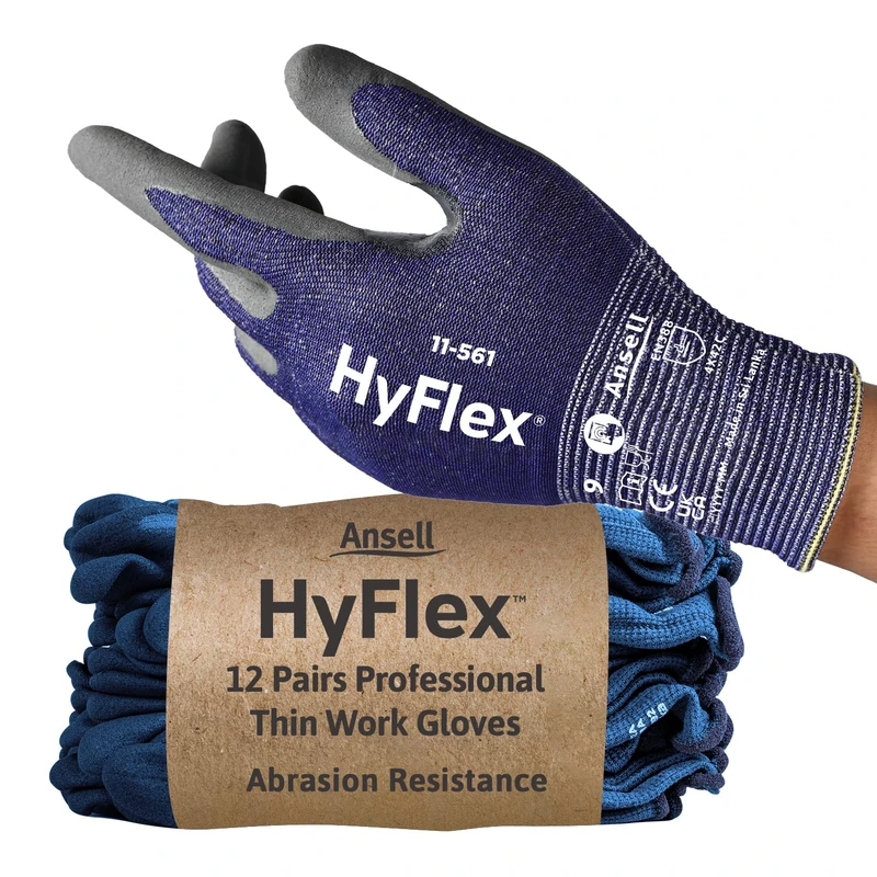 Ansell HyFlex 11-561 Cut Resistant Work Gloves, Abrasion-Resistant Nitrile Coating, Industrial Safety Gloves, Lightweight, Breathable and Washable, PPE Men Women, Blue, Size 2XL (12 Pairs)