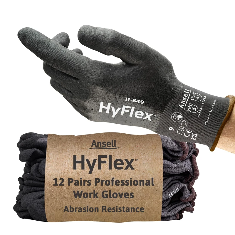 Ansell HyFlex 11-849 Multi-purpose Work Gloves for Light Duties in Nitrile Foam, Grip and Comfort Technologies, for Industrial, Automotive, Home-improvement Operations, Black, Size 2XL (12 Pairs)