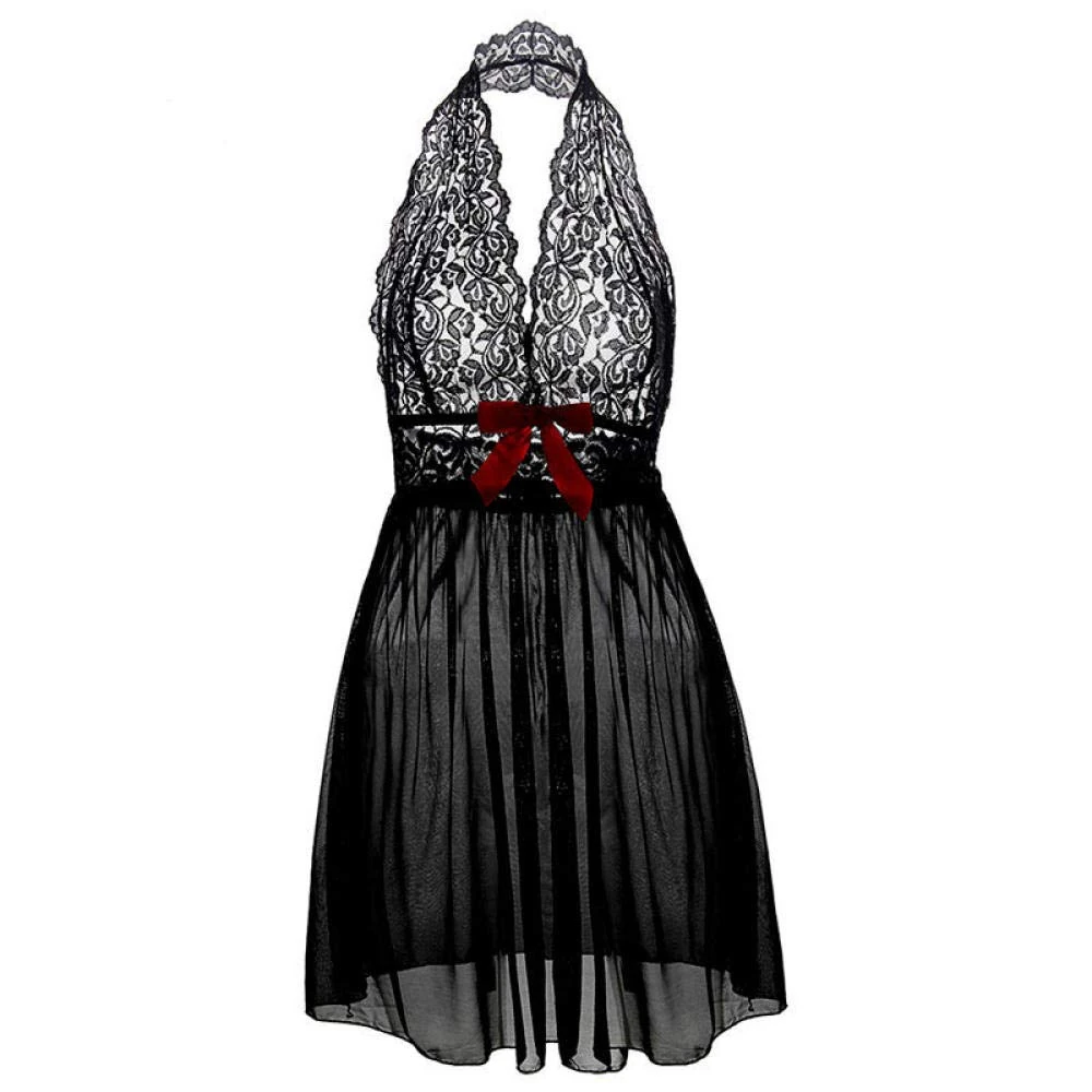 Women's Baby Dolls Deep V Lace Women Sexy Lingerie Bow Dress Nightwear-Black_3XL
