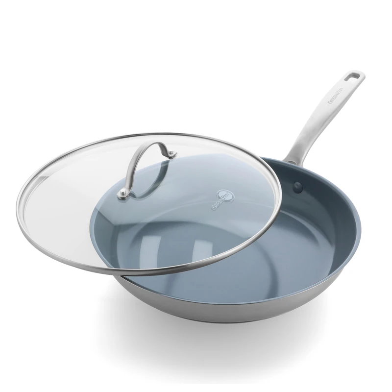 GreenPan Treviso Healthy Ceramic Non-Stick Stainless Steel 30 cm Frying Pan Skillet with Lid, PFAS-Free, Clad, Induction, Oven Safe, Silver - Image 1