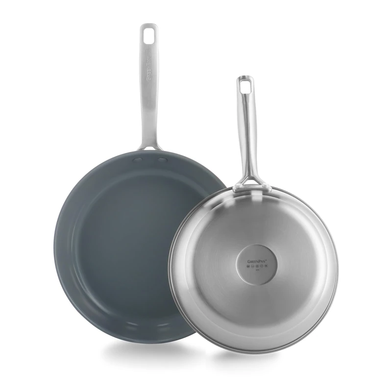 GreenPan Treviso Healthy Ceramic Non-Stick 24cm & 28cm Stainless Steel Frying Pan Set, PFAS-free, Induction, Oven safe, Silver