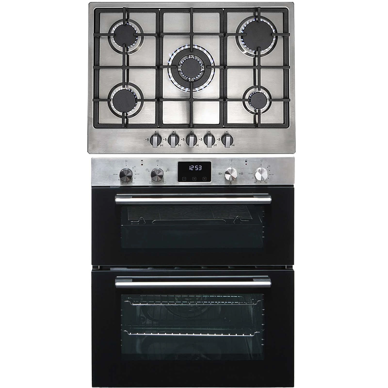 SIA DO111SS 60m Stainless Steel Built Under Electric Double True Fan Oven & SIA R6 70cm 5 Burner Gas Hob With Cast Iron Pan Supports And FFD