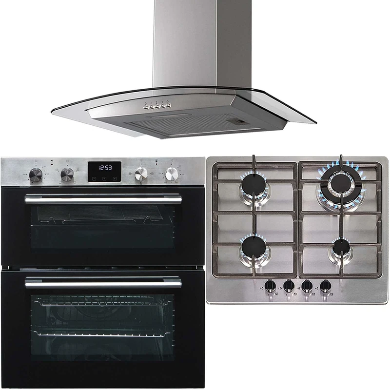 SIA 60cm DO111SS Stainless Steel Double Electric Fan Oven, SSG601SS 4 Burner Gas Hob With Cast Iron Pan Stands & CGH60SS Curved Glass Cooker Hood