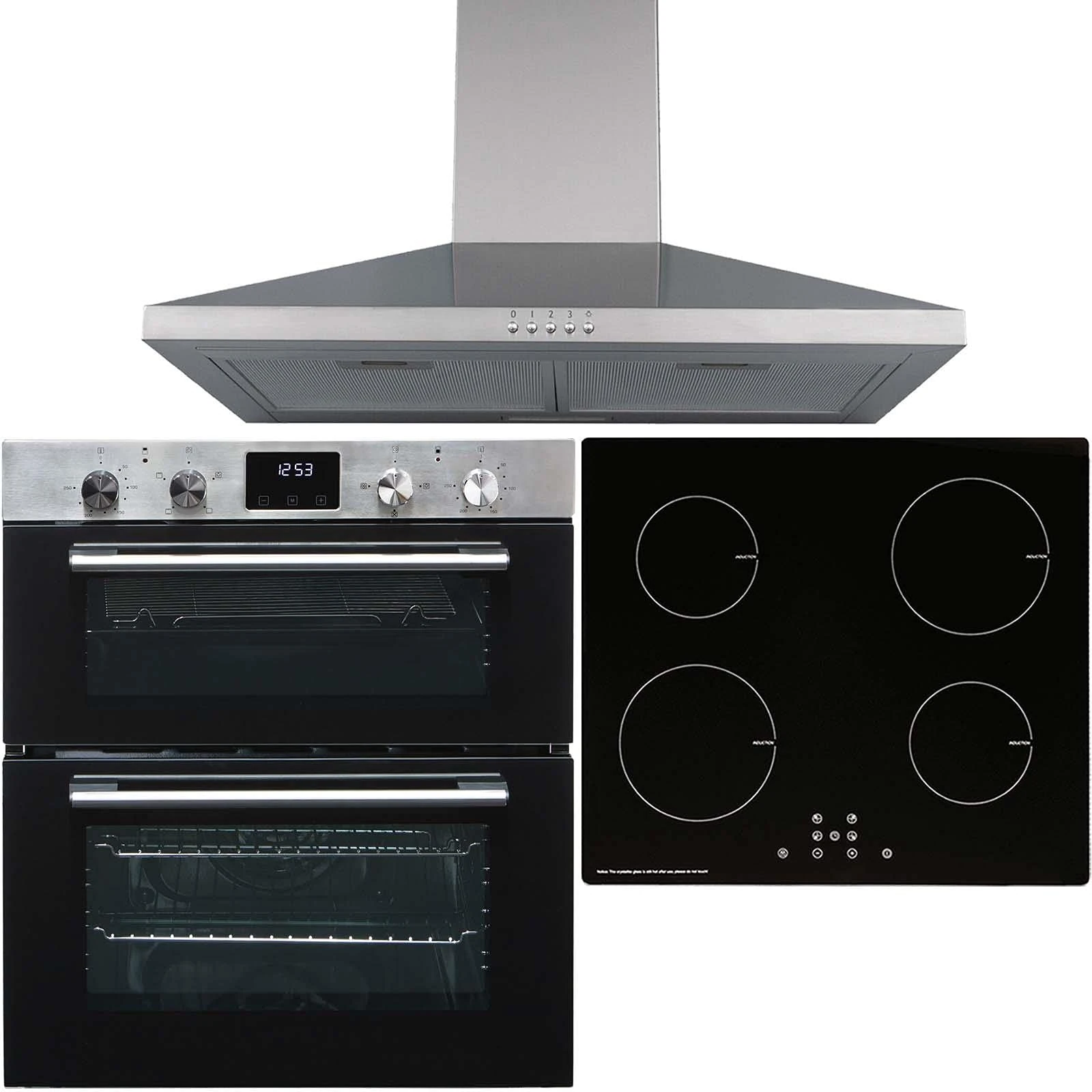 SIA 60cm DO111SS Stainless Steel Built Under Electric Double True Fan Oven, INDH60BL 4 Zone Touch Control Induction Hob & CHL60SS Chimney Cooker Hood