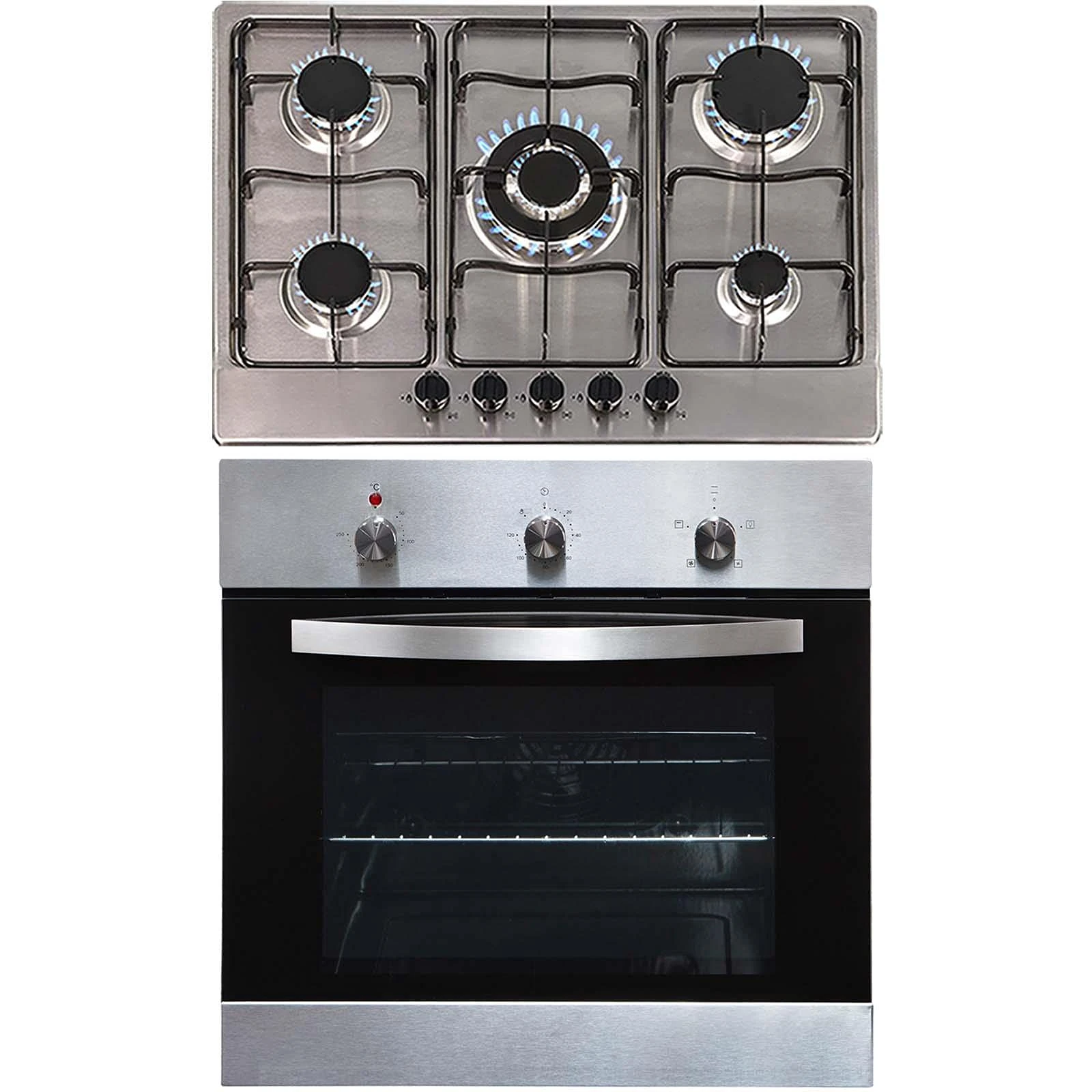 SIA SO113SS 60cm Stainless Steel Electric Single Fan Oven & SSG702SS 5 Gas Burner Hob With Enamel Pan Stands