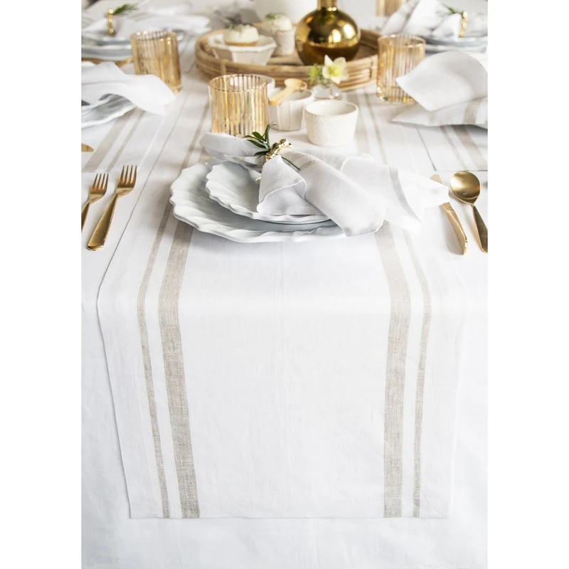 Solino Home 100% Linen Table Runner, 14 x 120 in, Natural and White Striped