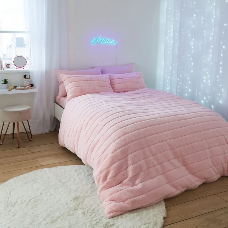 Sassy B Hella Cosy Banded Faux Fur Double Duvet Cover Set Pink By - Image 1