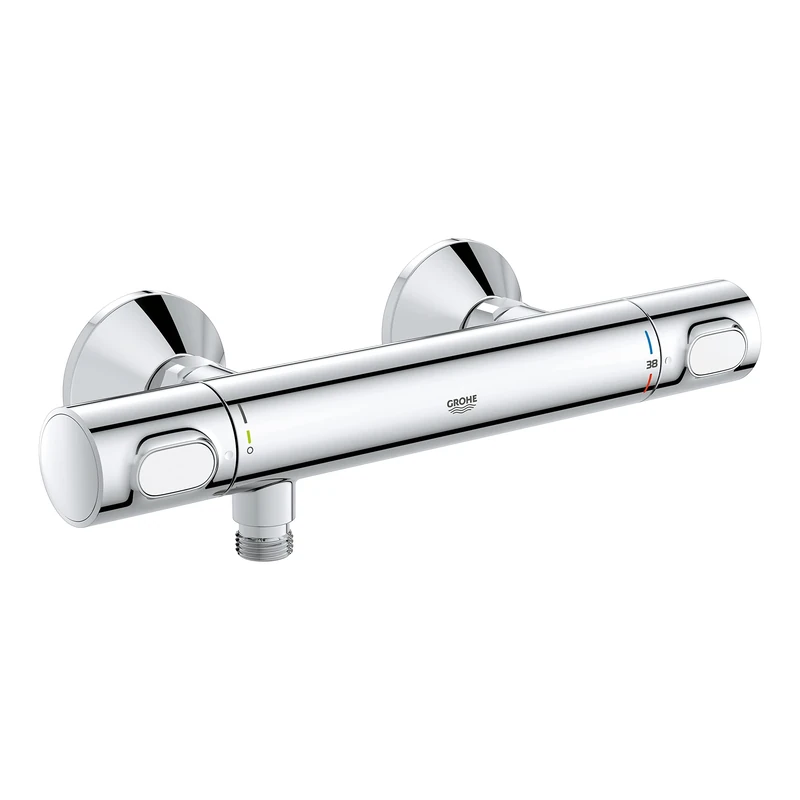 GROHE Precision Flow - Wall Mounted Thermostatic Shower Mixer (Safety Button at 38°C, Temperature Limiter at 43°C Included, Eco Technology to Reduce Water and Energy Consumption), Chrome, 34840000