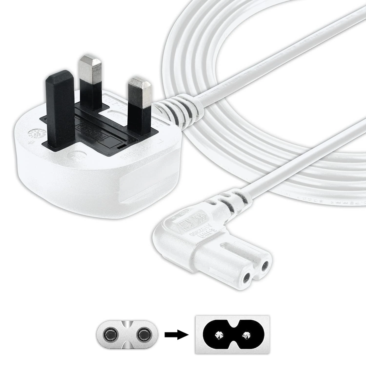 SHAFI® 5M TV Figure 8 Power Lead White - 2-Pin 90 Degree Angle IEC C7 Universal UK Plug Power Cable - Compatible Figure 8 cable for PS5 Xbox Series X S LG Sony Smart LED Samsung - 5M White