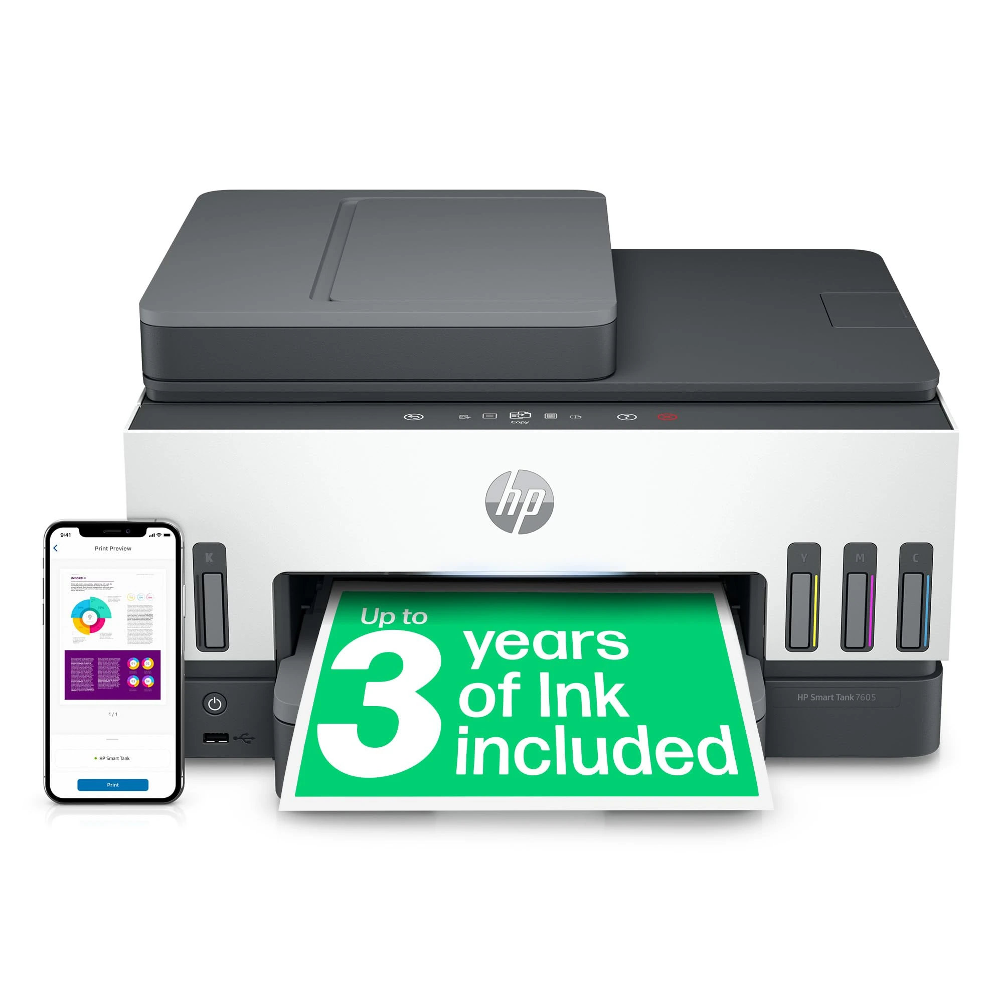 HP Smart Tank 7605 All in One Printer | Perfect for Home | Colour | Wireless, Ethernet | Print, Scan, Copy, Fax | Refillable, Includes up to 3 Years of Ink | 2-Sided Printing | Document Feeder