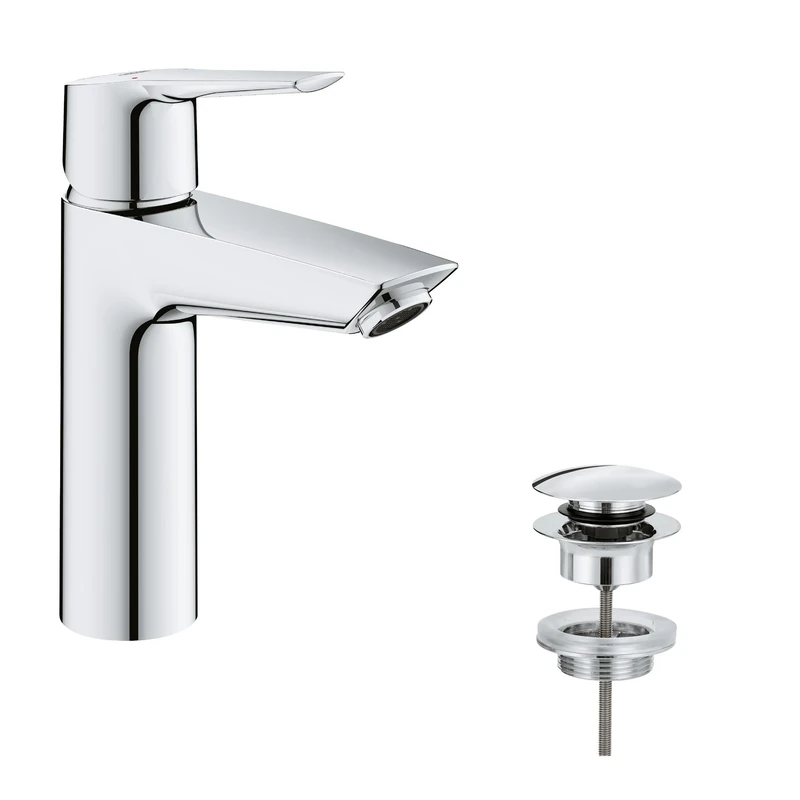 GROHE QUICKFIX Start - Wash Basin Mixer Tap with Click-Clack Push Waste Set (Metal Lever, Water Saving Technology, Easy to Install, Includes 3-in-1 Tool, Tails 3/8 Inch), Size 192 mm, Chrome, 24204002