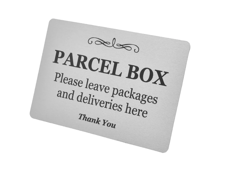 Parcel Box Sign - Metal | Aluminium with Adhesive Backing | Notice for Deliveries, Mail Box, Packages, Post, Mailman | Information Sign | Don't Lose Your Parcel Ever Again