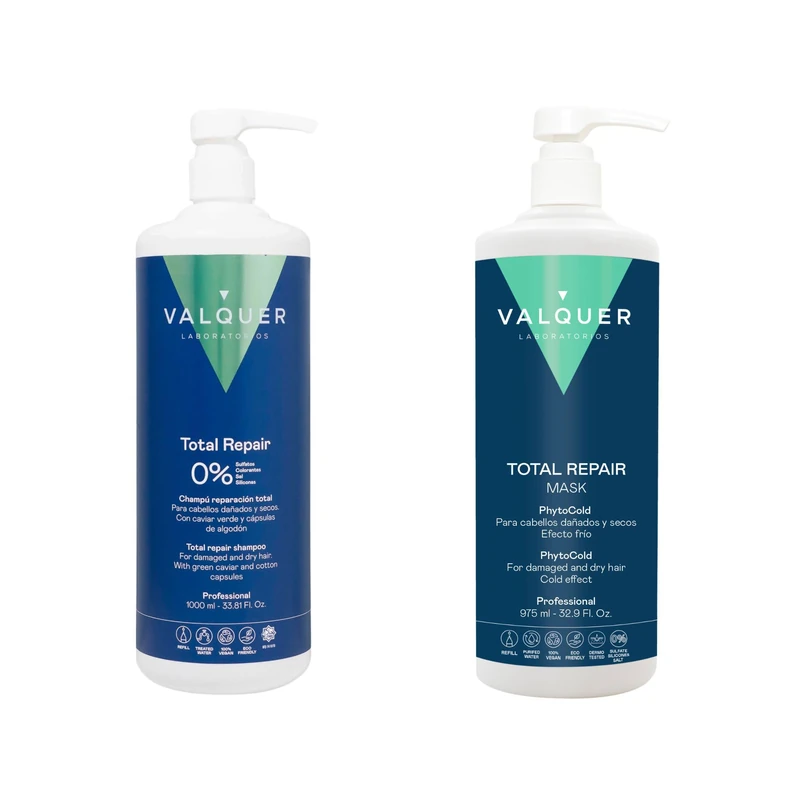 VALQUER Total Repair Zero Shampoo & Mask Pack | Repairs, Softens & Nourishes Dry or Damaged Hair | Intense Hydration with Green Caviar, Vitamin E & Cotton Capsules | Vegan Hair Care | 1L + 975ml.