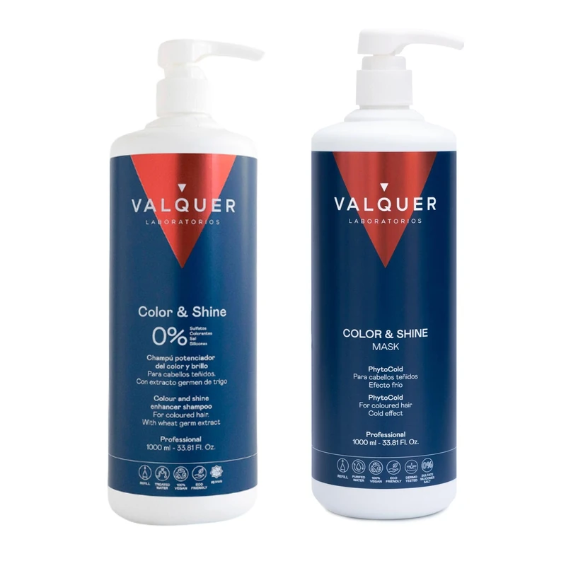 Valquer Color & Shine Pack Cold-Effect Shampoo and Hair Mask with Wheat Germ Extract. Revitalizes and Enhances Dyed Hair, Boosting Shine and Softness. Vegan. 1 L + 975 ml