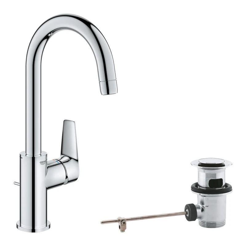GROHE Start Edge - Wash Basin Mixer Tap (Metal Lever, Water Saving Mousseur 5.7 l/min, with Plastic Pop-Up Waste Set 1 1/4'', 28 mm Ceramic Cartridge, Tails 3/8 Inch), Size 159 mm, Chrome, 24201001