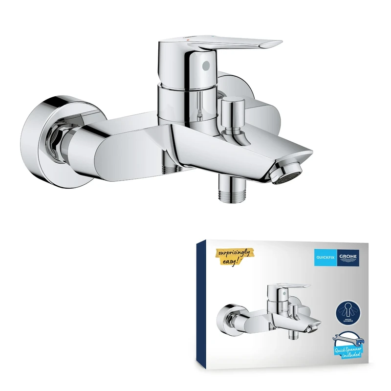 GROHE QUICKFIX Start - Single-Lever Bath Shower Mixer - Wall Mounted - Metal Lever - 35 mm Ceramic Cartridge - Automatic Diverter: Bath/Shower - Integrated Non-Return Valve - Chrome - 24206002
