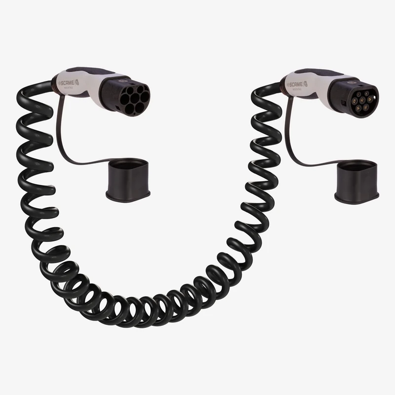 Scame 201.CS2323-4S Spiral Charging Cable for Electric Cars EV, Single Phase Connection, 7.4 kilowatts, 32 Amps, 2 to Type 2-4 Meters, Black and Grey, 4 mt