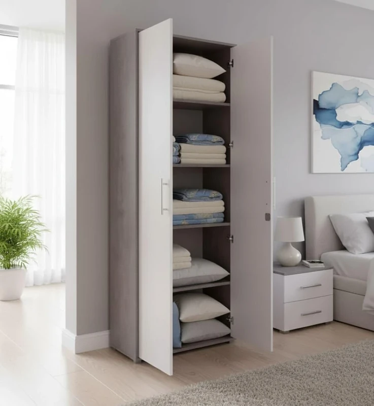 Dmora - 2 doors Multipurpose cabinet Cambrils, Auxiliary cabinet, Shoe wardrobe, Multifunction bookcase with 2 doors, 79x34h188 cm, White and Cement