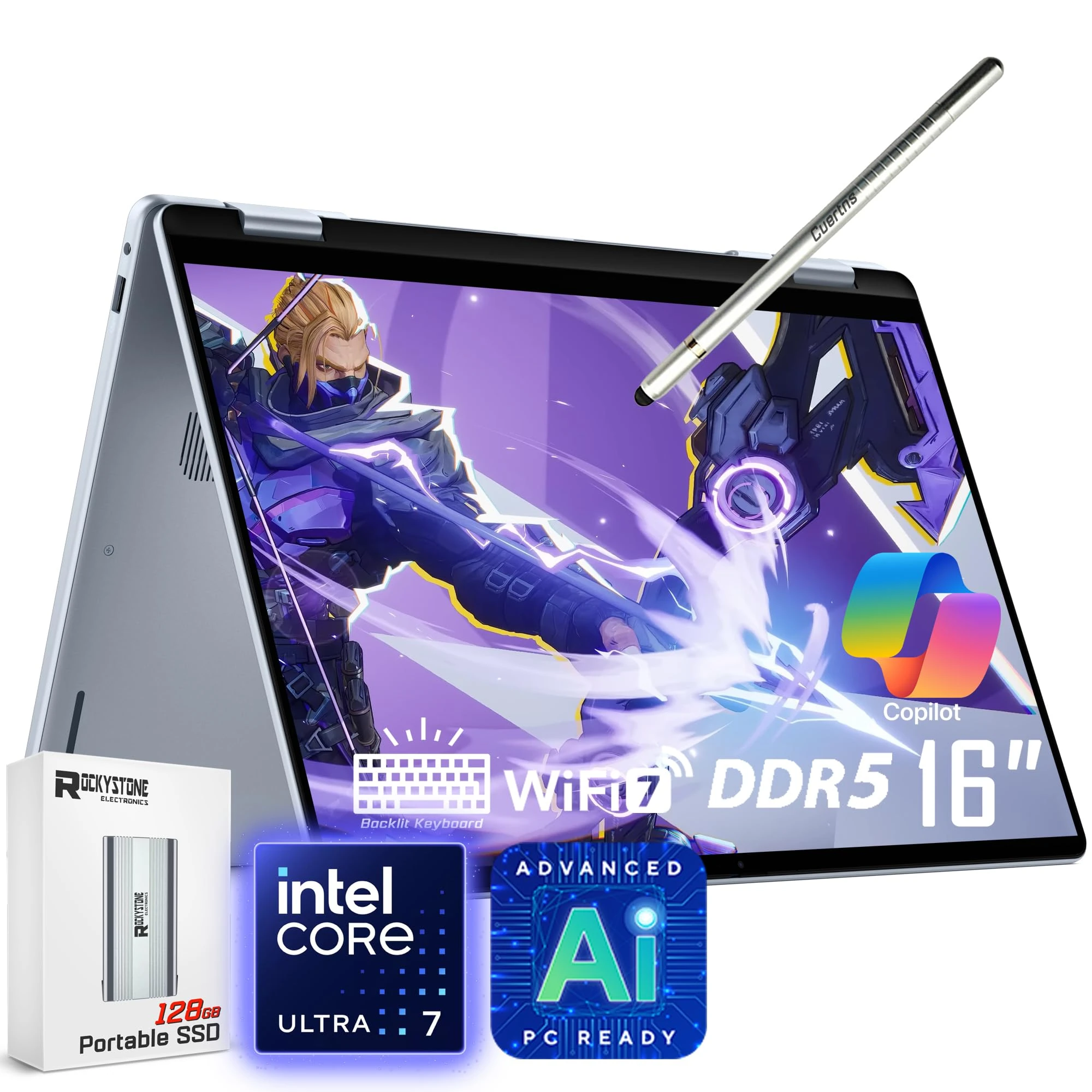 Dell 16 Plus 2-in-1 Laptop, 16" 1920 x 1200 Touchscreen, Core Ultra 7 256V(>i9-13900H), AI Ready, Copilot, Backlit Keyboard, 1080p Webcam, Wi-Fi 7, Windows 11 Pro, Ice Blue(16GB DDR5 RAM | 96TB SSD)