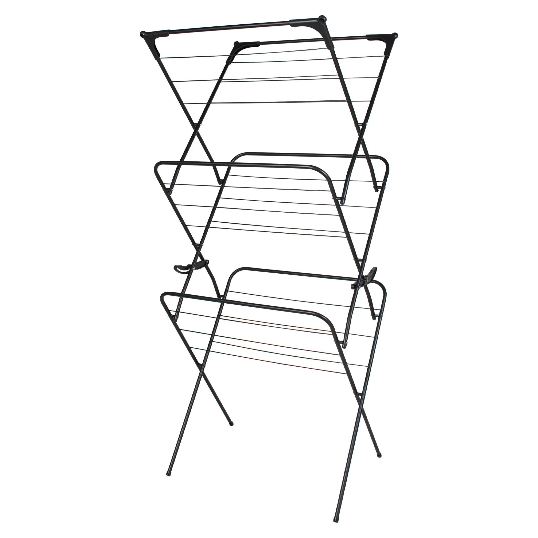 Straame 3 Tier Clothes Airer Drying Indoor and Outdoor Laundry Rack with Non-Slip Feet and Corner Spaces for Hangers, Flat Foldable Space Saving, 63 x 46 138 (Black)