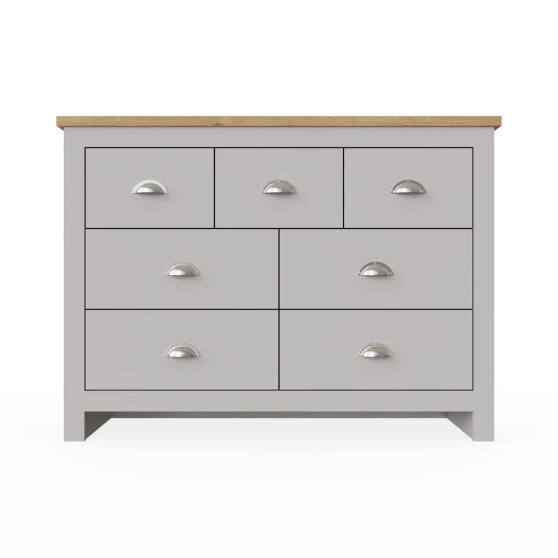 Timber Art Design UK Lisbon Bedroom Chest of Drawers 3+4 7 Drawer for Closet, Clothes, Kids, Baby, TV Stand, Wood Board, Living Room Storage Cabinet Furniture, Light Grey - H82 x W112 x D35 cm