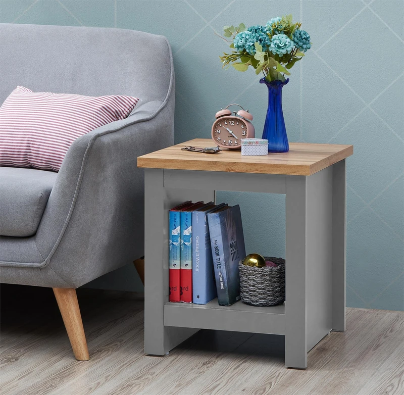 Timber Art Design UK Lisbon Bedside Lamp Table with 1 Open Shelf Modern Bedroom Furniture Storage Cabinet Unit for Living Room, Hallway, Office, Grey - H 50cm x W 40cm x D 43cm - Image 1