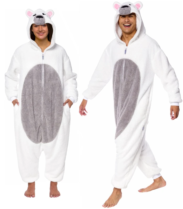 Funziez! Sherpa Bear Adult Onesie - Animal Halloween Costume - Plush Teddy One Piece Cosplay Suit for Adults, Women and Men, Polar Bear, XL