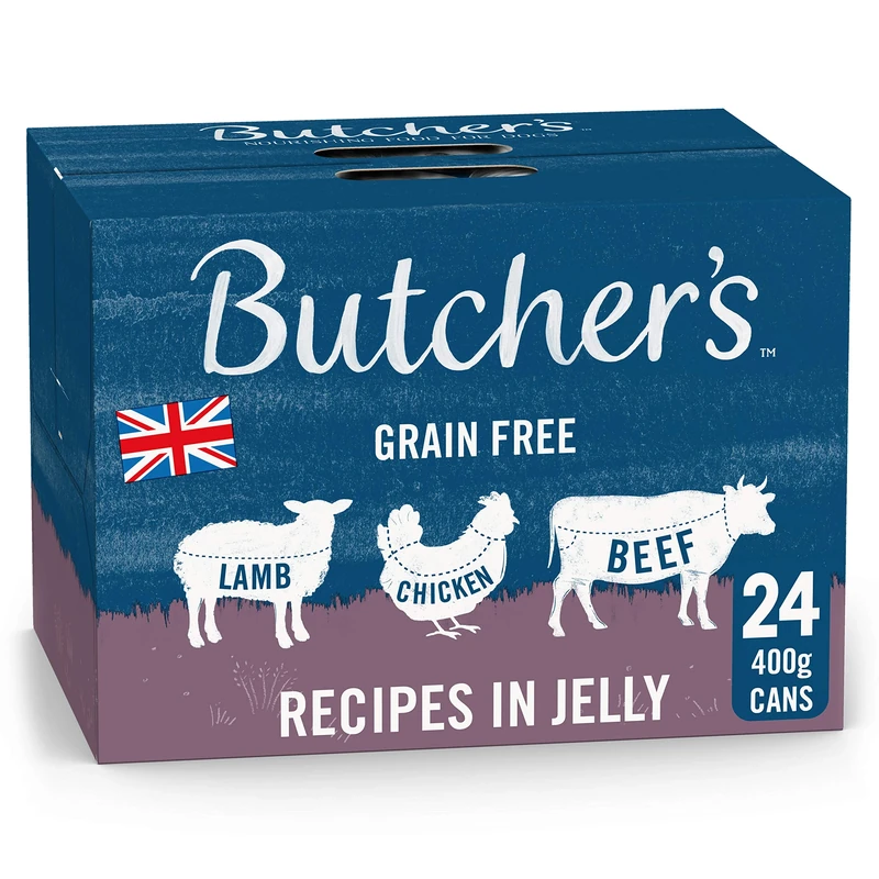 Butcher's Complete Wet Can Grain Free Hypoallergenic Adult Dog Food Recipes in Jelly Pack 24x400g - Chicken, Beef & Lamb