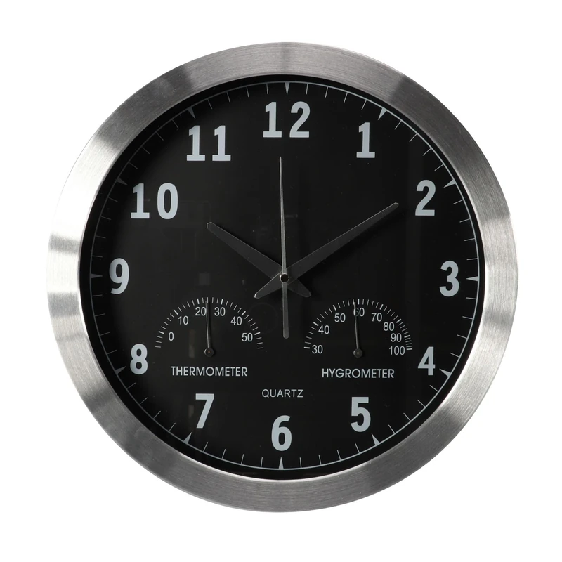 Perel Radio Controlled Wall Clock Round Analogue 35.5 cm with Thermometer and Hygrometer Aluminium Silver