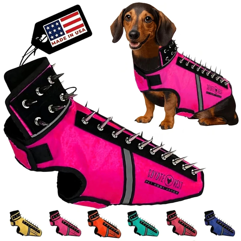 CoyoteVest SpikeVest Dog Harness for Small Dogs, Reflective Dog Vest with Spikes to Shield Your Pet from Coyotes, Raptors and Animal Attacks, Anti Hawk Vest, Made in USA (S-Pink)