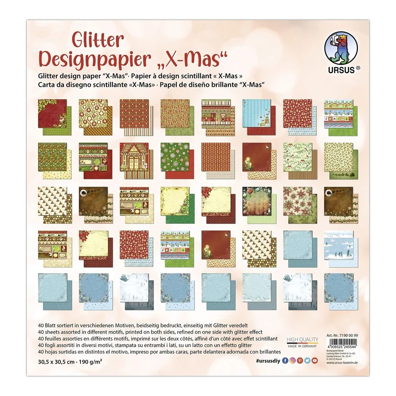 Ursus 71900099 Glitter Design Mas, Mix with 40 Sheets of Motif Paper on Both Sides, 190 g/m², 30.5 x 30.5 cm, Different Print on Front and Back