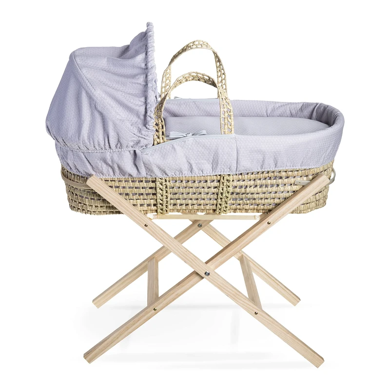 Clair de Lune Cotton Dream Palm Moses Basket with Natural Folding Stand Grey 75 x 28 cm