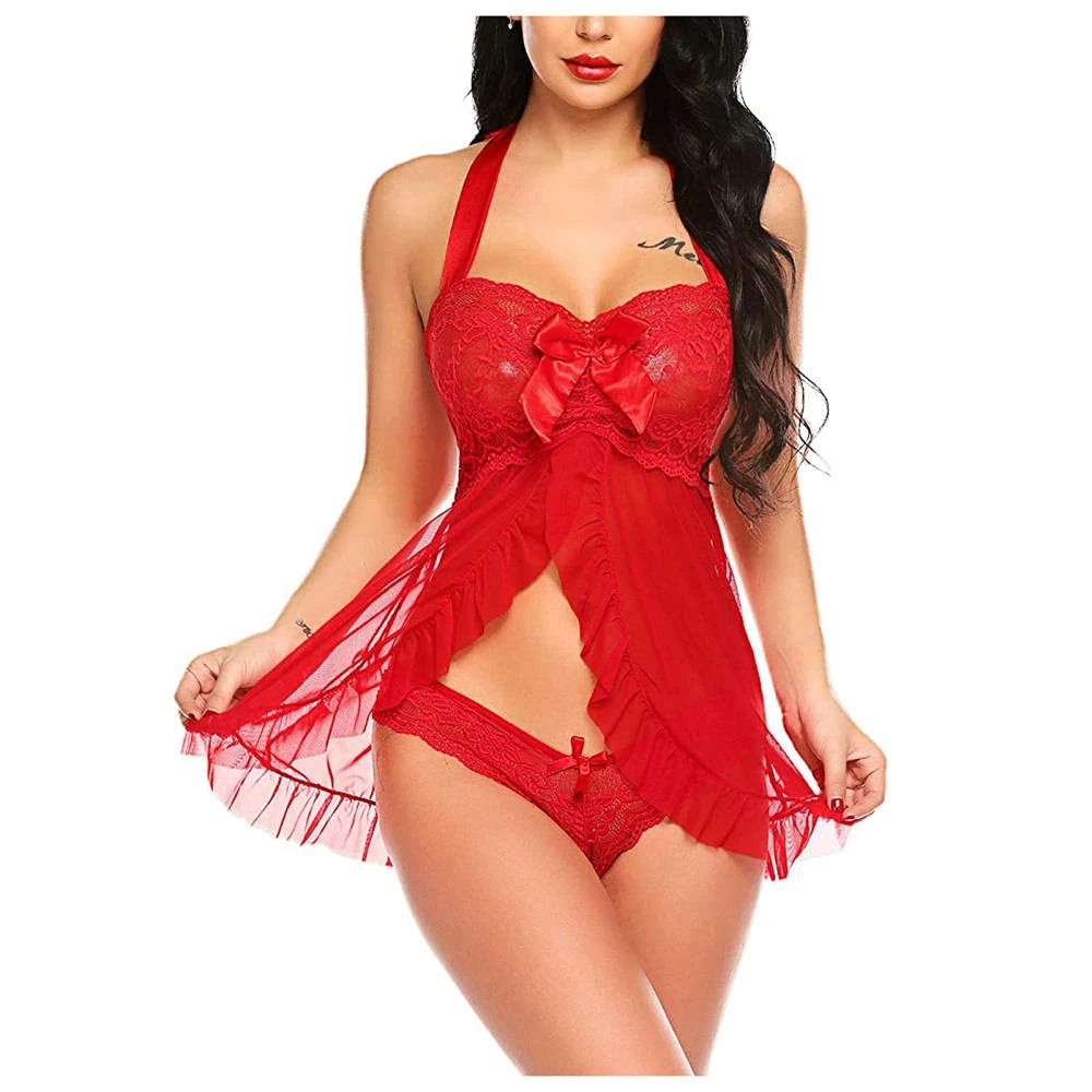 WDZOWU Sexy Lingerie Set Sexy Women Lace Nightdress Bowknot Lingerie Set-Red_XL