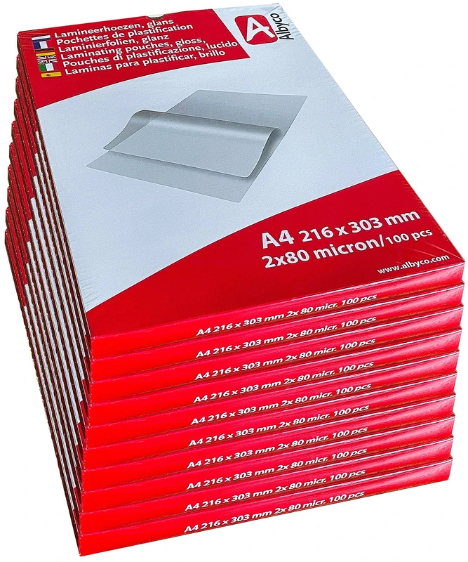 Laminating Pouches Albyco A4 | Gloss | 10 Packs of 100 | 2x80 (160) MICR.