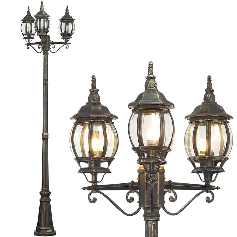 BAKAJI Victorian Classic Garden Lamp Aluminium Lantern Lamp Grey Antique Finish Brass IP44 E27 (3 Lights 200 cm)