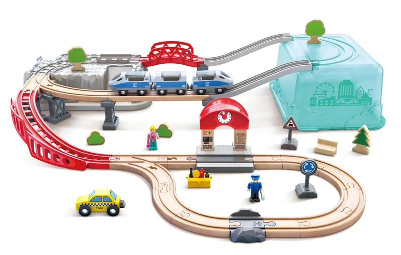Hape City Railway and Train Bucket Set Toy with storage box that forms part of the scene, Ages 3 and up
