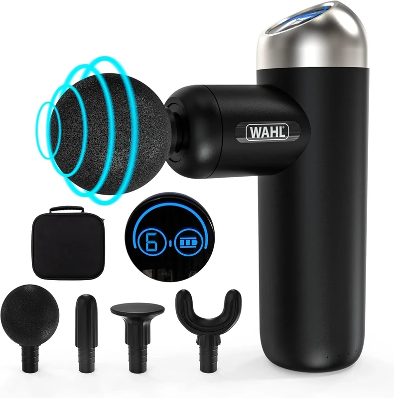 WAHL Massage Gun, Deep Tissue Percussion, Mini Massager, Powerful, 6 Speed with LCD Touch Screen, Cordless Handheld Massagers, Lightweight Portable Muscle Massage, 4 Attachment Heads