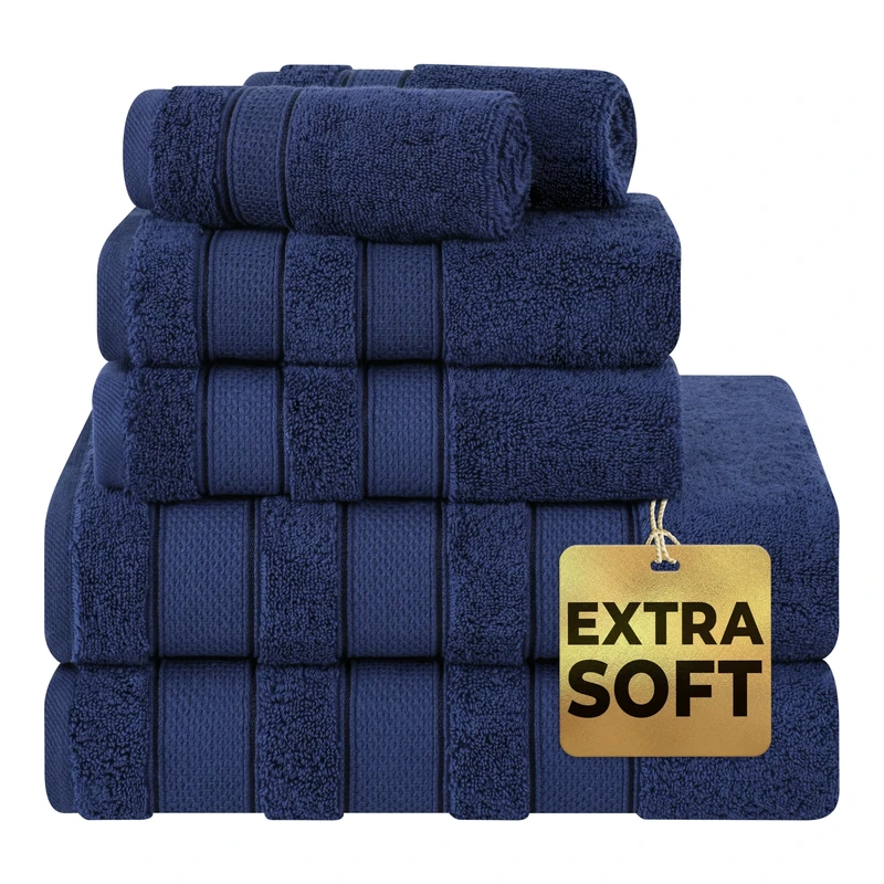 American Soft Linen Bath Towel Set Luxury Salem Collection 100% Turkish Combed Cotton 6 Piece Towel Set Soft and Absorbent 2 Bath Towels 2 Hand Towels 2 Washcloths for Bathroom Shower Towels Navy Blue