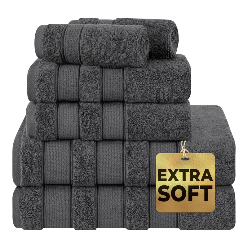 American Soft Linen Bath Towel Set, Luxury Salem Collection 100% Turkish Combed Cotton 6 Piece Towel Set, Soft Absorbent 2 Bath Towels 2 Hand Towels 2 Washcloths for Bathroom Shower Towels, Dark Grey