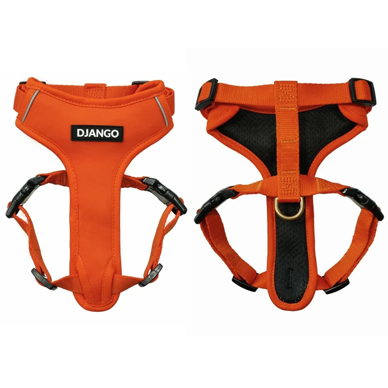 DJANGO Adventure Dog Harness – Comfortable, Durable, and Reflective Neoprene Dog Harness for Outdoor Adventures and Everyday Wear – Adjustable Design with Solid Brass Hardware (Small, Sunset Orange)