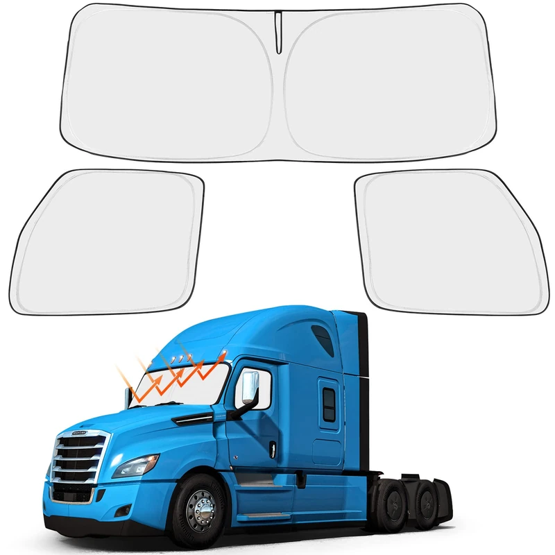 Front Windshield and Side Windows Custom Fit 2018-2024 2025 Freightliner Cascadia, Semi-Truck Semi, Commercial & Big Rig Truck Sun Shade Foldable Sun Protector Privacy Cover