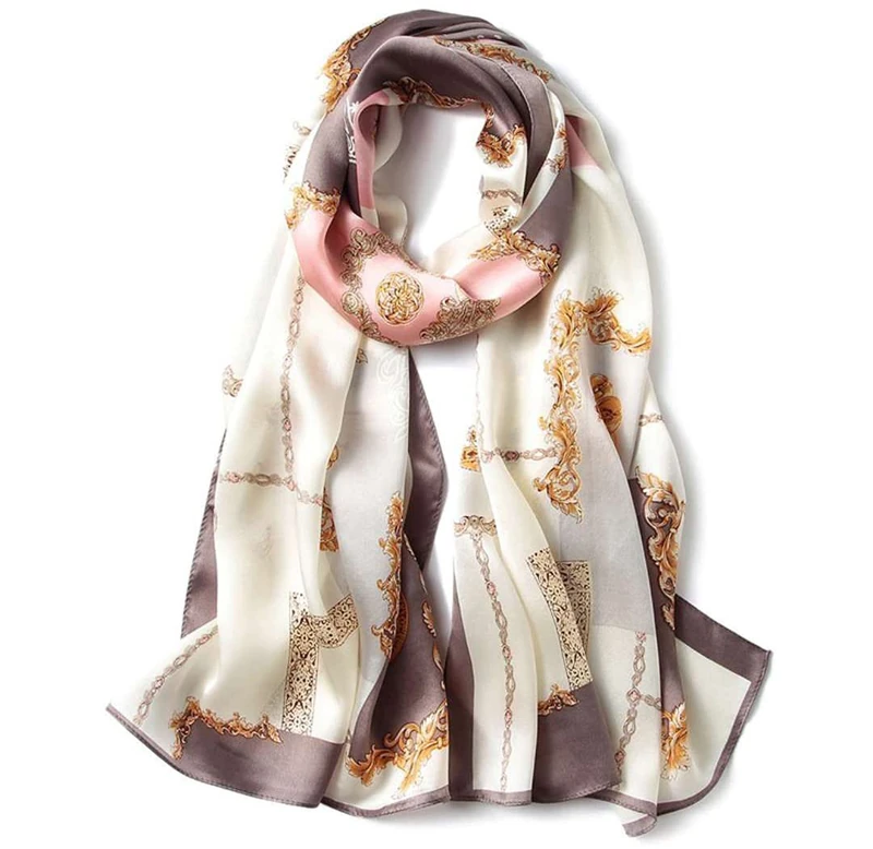 100% Mulberry Silk Long Scarf for Women Large Shawls for Headscarf and Neck- Oblong Hair Wraps with Gift Packed …, Chains-pink&gray, Large