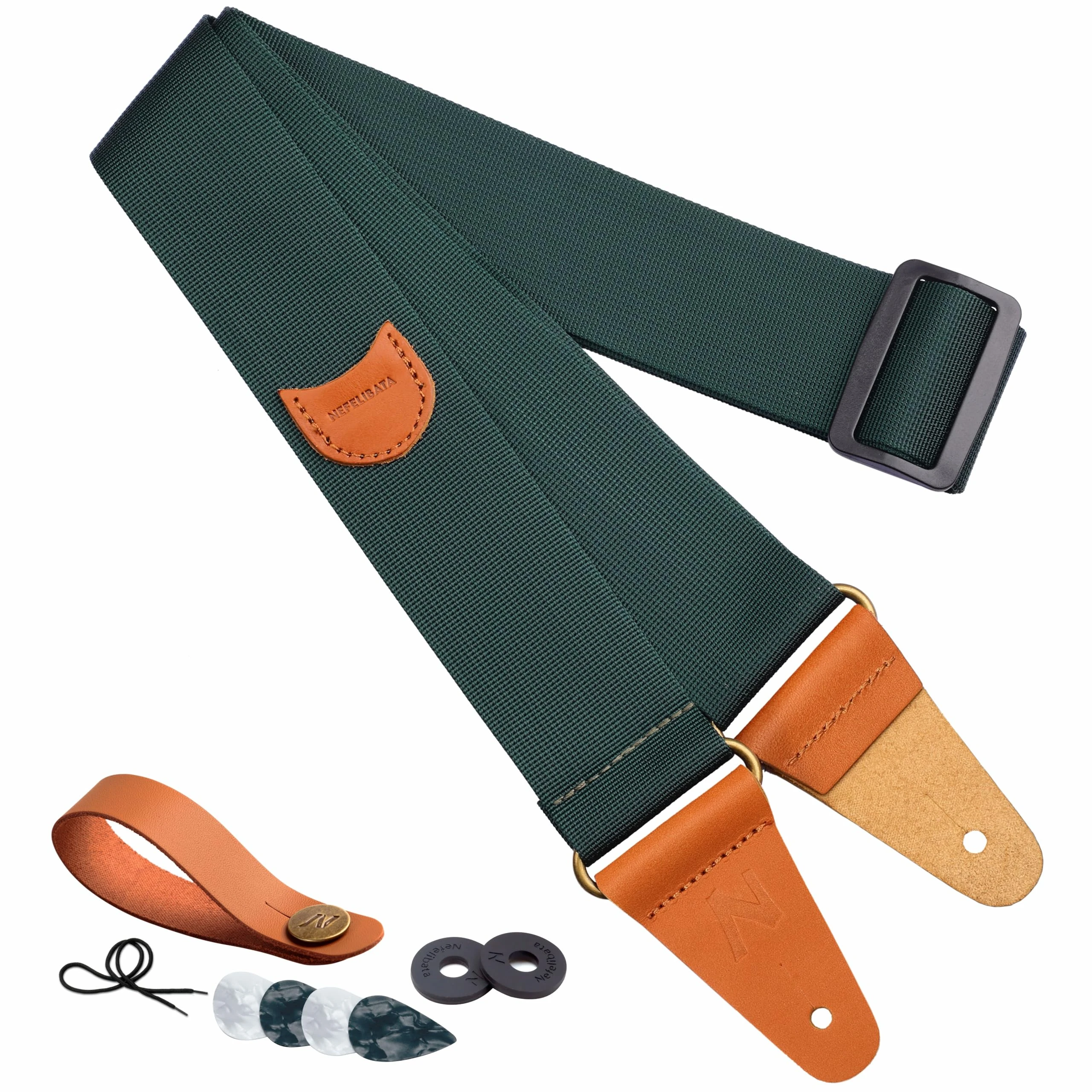 Guitar Strap, Vintage Nylon Full Grain Leather Ends Guitar Straps with Pick Pocket for Bass, Electric & Acoustic Guitar, Come with Free Strap Button, 1 Pair Strap Locks and 4 Guitar Picks (Green)