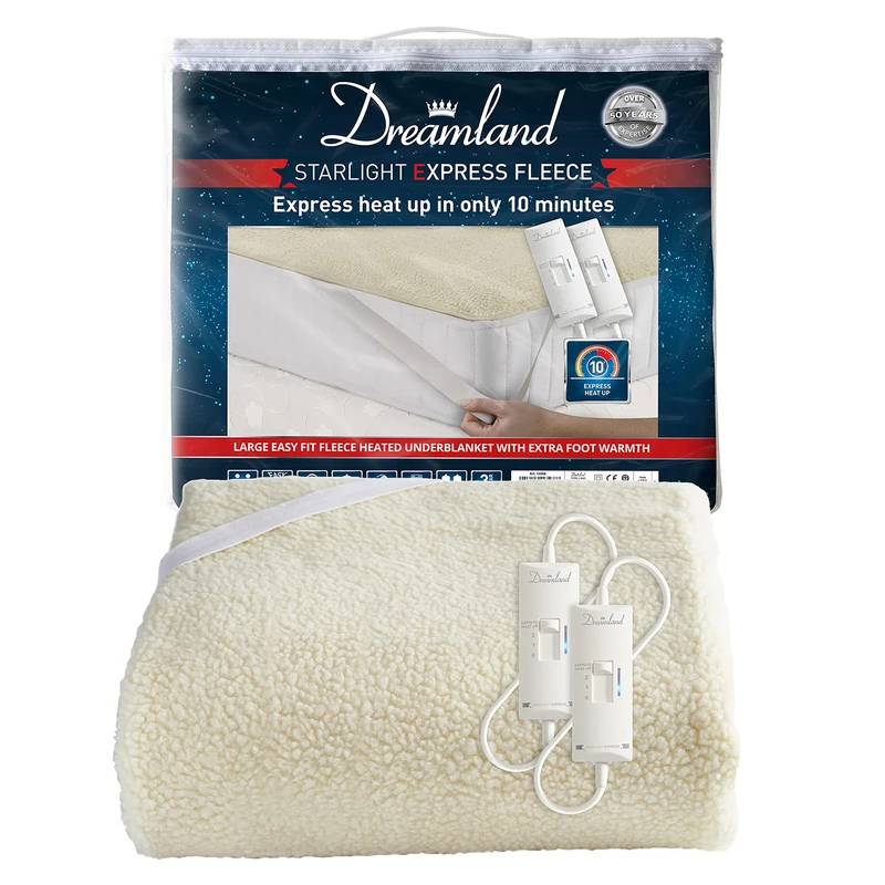 Dreamland Starlight Express fleecy heated electric underblanket superking, electric blanket 160x150cm, elasticated straps, 2 controls, 3 settings, extra foot warmth, machine washable, tumble dry safe