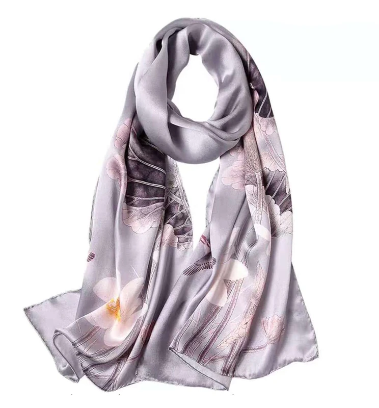 ANDANTINO 100% Mulberry Silk Long Scarf for Women Large Shawls for Headscarf and Neck- Oblong Hair Wraps with Gift Packed …, Lotus Pond-light Grey, Large