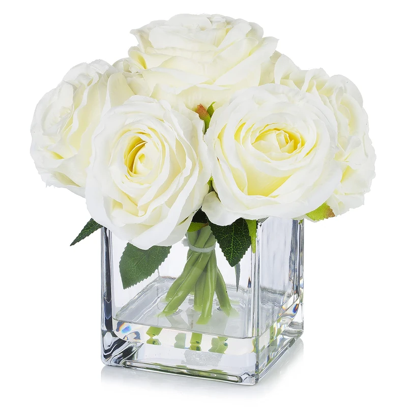 Enova Floral 7 Large Stems Artificial Silk Roses Fake Flowers Arrangement in Cube Glass Vase with Faux Water for Home Office Wedding Decoration (Cream)
