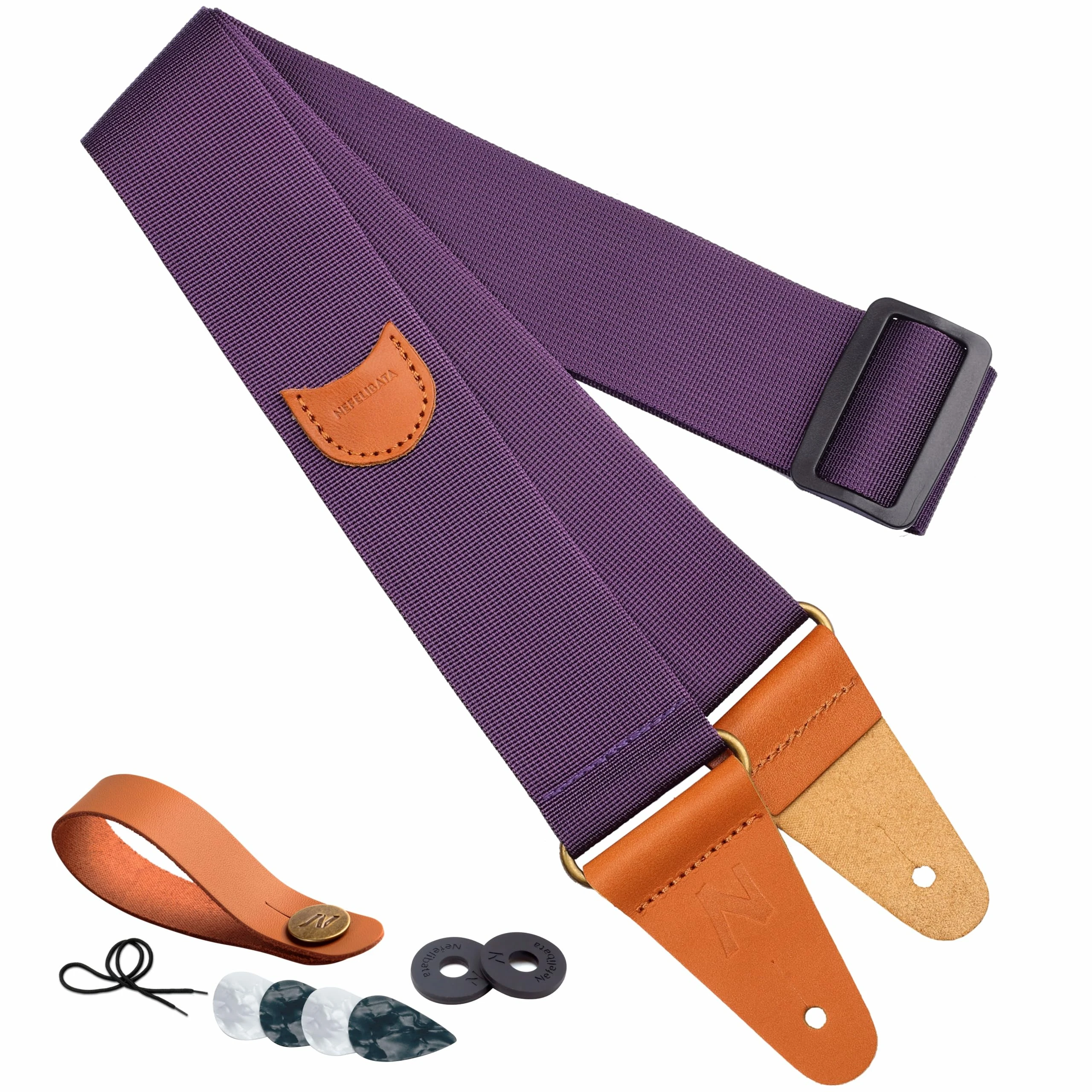 Guitar Strap, Vintage Nylon Full Grain Leather Ends Guitar Straps with Pick Pocket for Bass, Electric & Acoustic Guitar, Come with Free Strap Button, 1 Pair Strap Locks and 4 Guitar Picks (Purple)